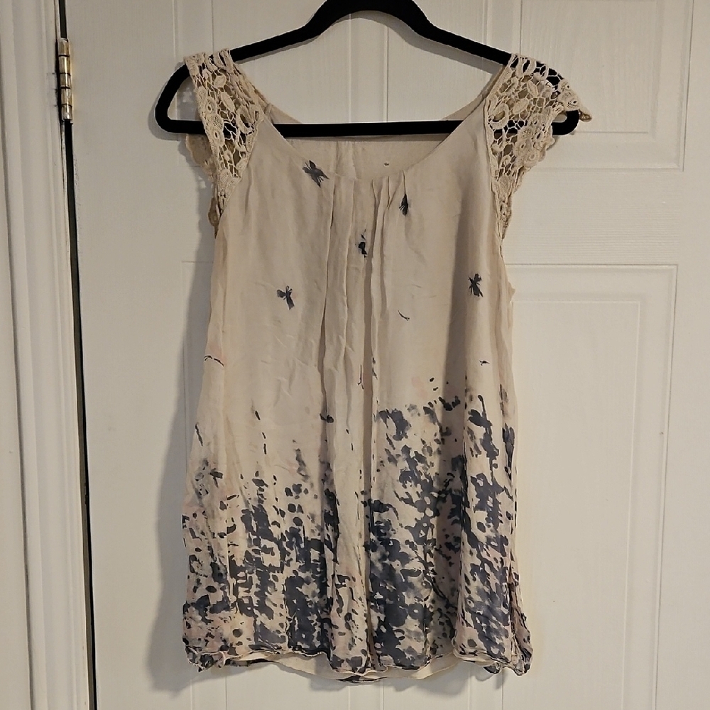 100% Silk Boho Peasant Blouse Womens Size Large off white crochet detail elegant - Picture 1 of 4